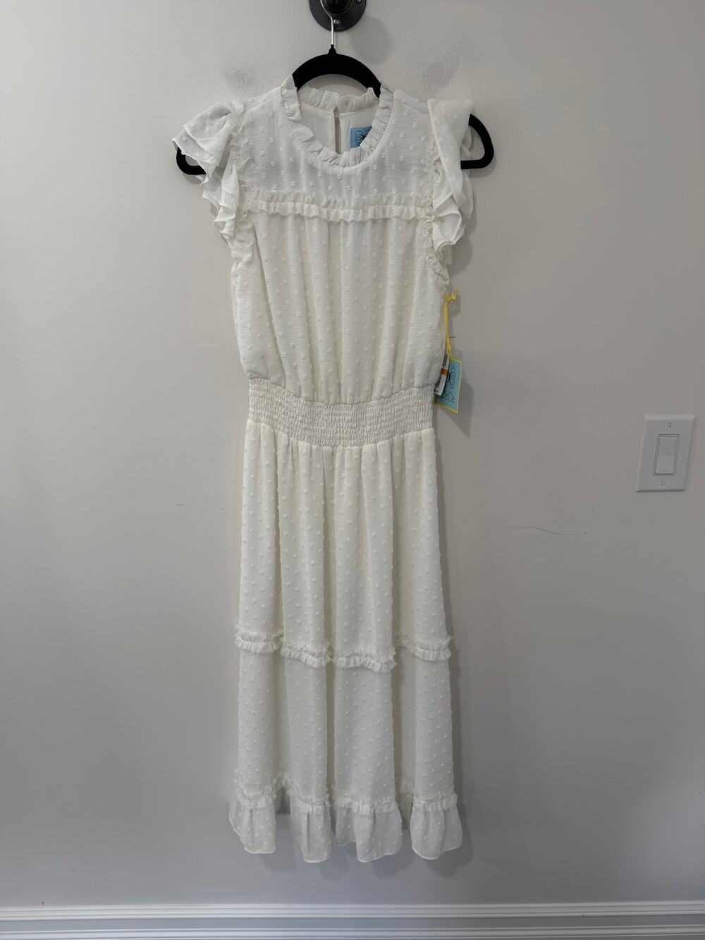 NWT CeCe Dress Midi Length Soft Ecru White Polka Dot Size S